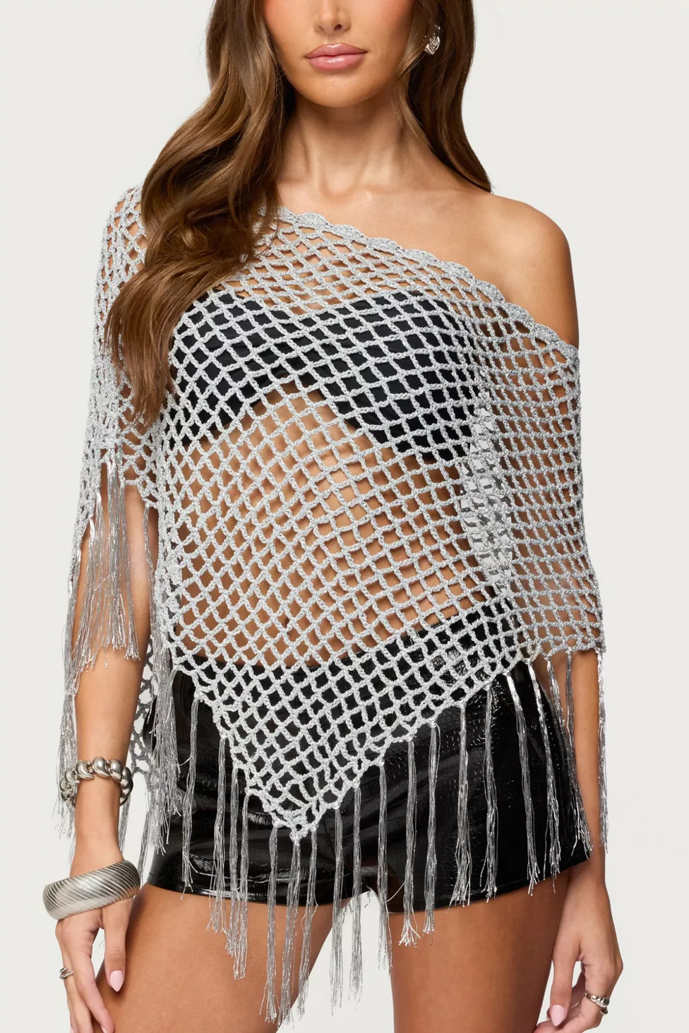 Edikted Evette Fringe Open Knit Metallic Poncho | Urban Outfitters (US and RoW)