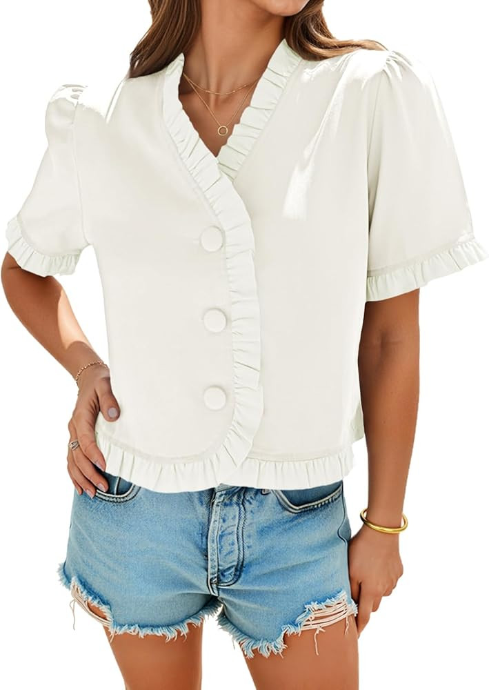 Tankaneo Womens Cropped Short Puff Sleeve Blouse Summer Ruffle V Neck Button Down Shirts Dressy C... | Amazon (US)