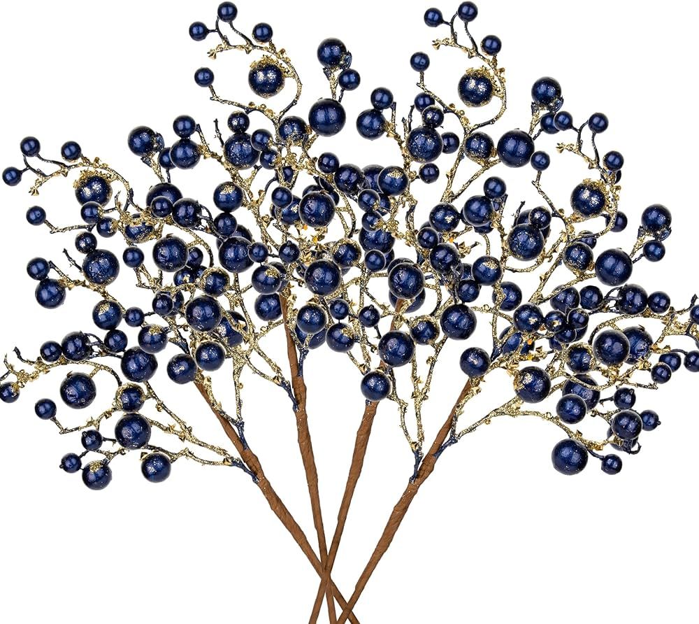 Hollyone 4 Pack Artificial Christmas Glitter Berries Stems, 19 Inch Fake Blue Holly Berry Picks w... | Amazon (US)