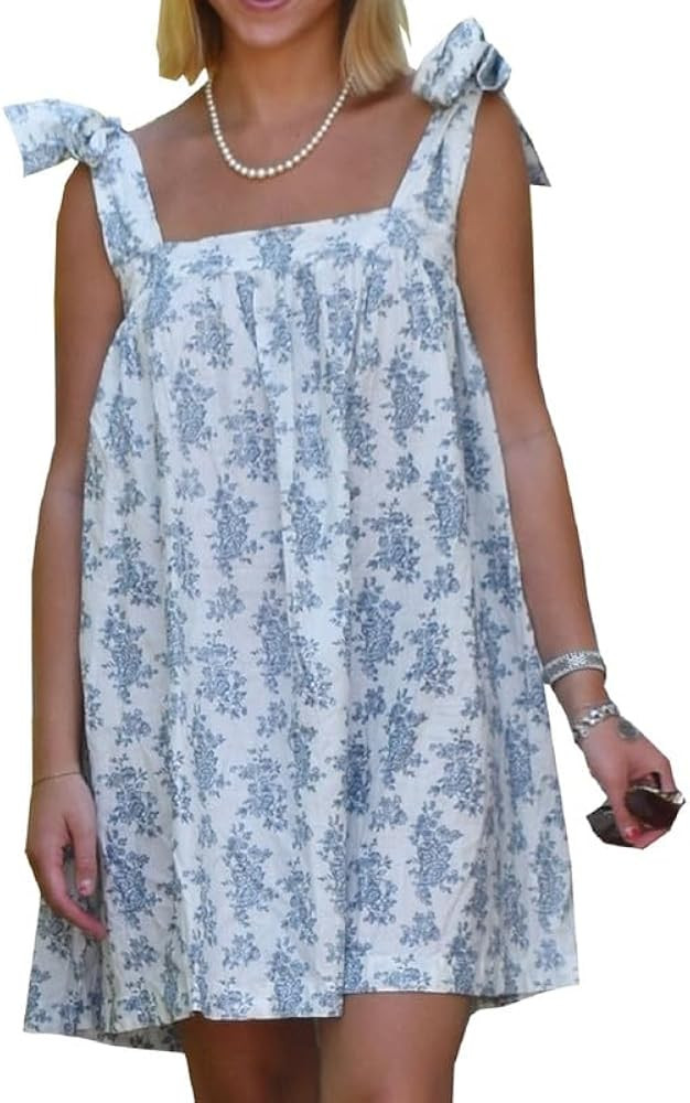 Women Floral Tie Shoulder Mini Dress Cute Square Neck Loose Fit Beach Short Dress Backless Boho V... | Amazon (US)