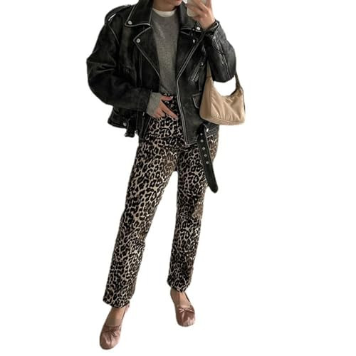 OCUH Y2K Leopard Print Pants Casual Loose Beggy Vintage Denim Pants Leopard Print Jeans Jeans for Women (I,XL,X-Large) | Amazon (US)