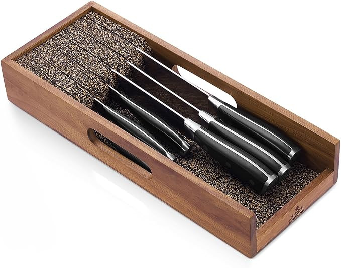 Enoking Knife Drawer Organizer Insert, In Drawer Knife Block, Acacia Wood Knife Holder with Cork ... | Amazon (US)
