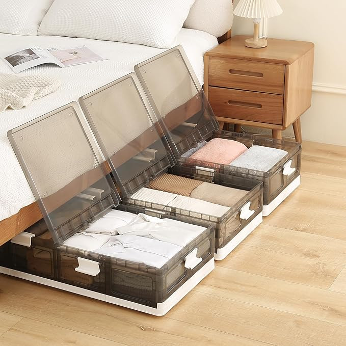 Under Bed Storage Containers with Wheels - Stackable, Foldable Plastic Storage Boxes with Lids fo... | Amazon (US)