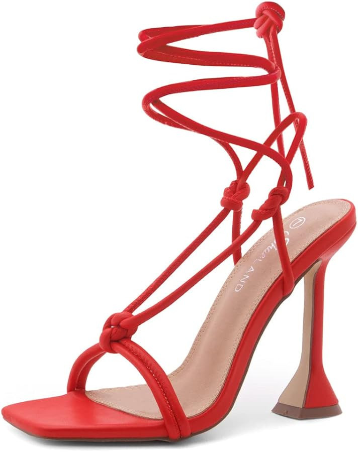 Shoe Land Womens SL-MELODY Lace Up Heeled Sandal Strappy Heels Square Open Toe Tie Up Stiletto High Heel Prom Party Shoes | Amazon (US)