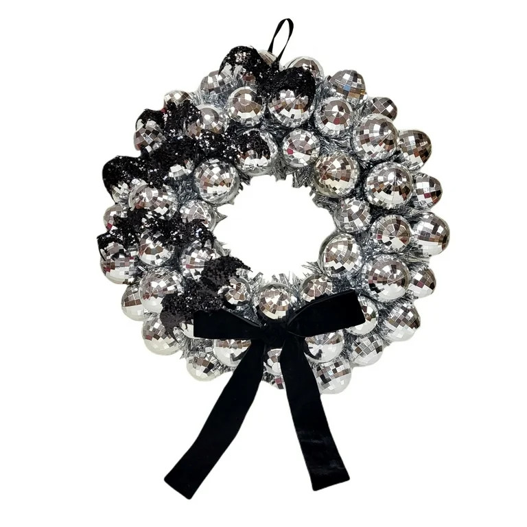 Disco Ball and Bats Wreath, Silver and Black, 17", Halloween by Way To Celebrate - Walmart.com | Walmart (US)