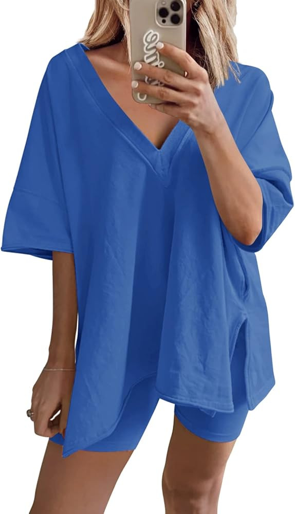 Yanekop Womens Oversized 2 Piece Outfit Sets Reversible V Neck T Shirt Biker Shorts Sports Tracks... | Amazon (US)