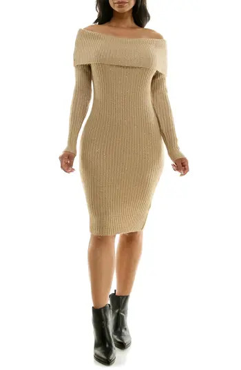 Nina Leonard Marilyn Off the Shoulder Sweater Dress in Gold at Nordstrom Rack, Size Small | Nordstrom Rack