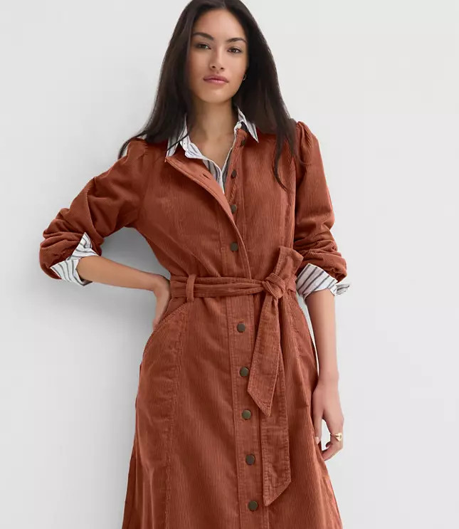 Corduroy Seamed Belted Midi Pocket Dress | LOFT