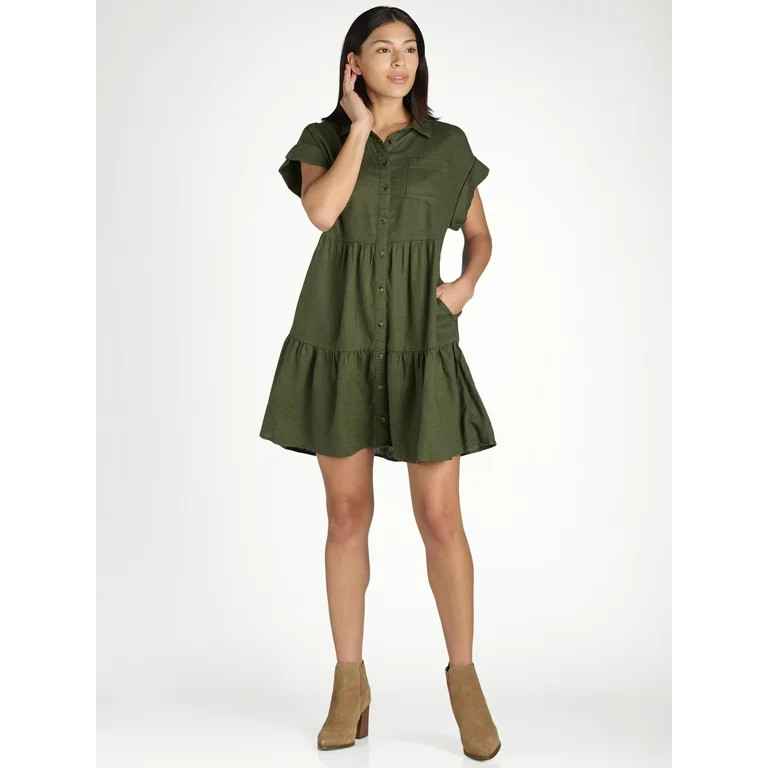 Time and Tru Women's Tiered Mini Shirt Dress, Sizes XS-XXXL | Walmart (US)