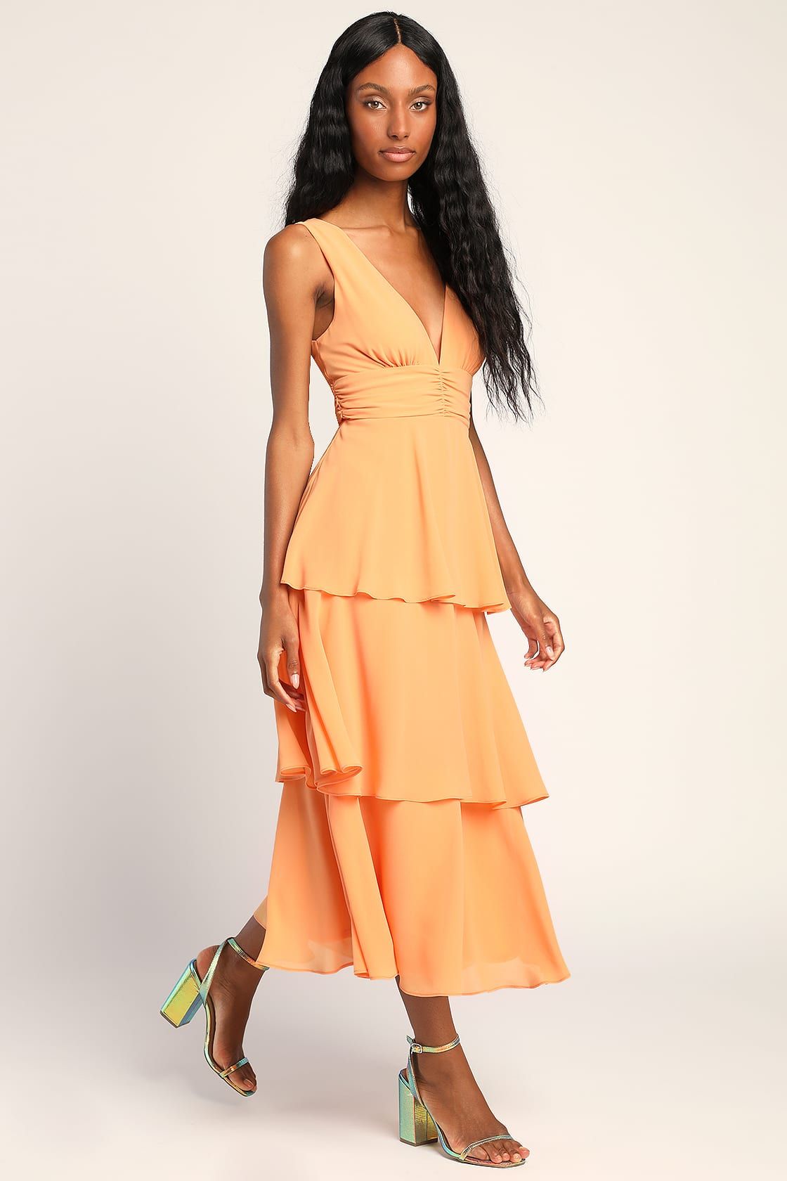 Celebration Time Light Orange Sleeveless Tiered Midi Dress | Lulus