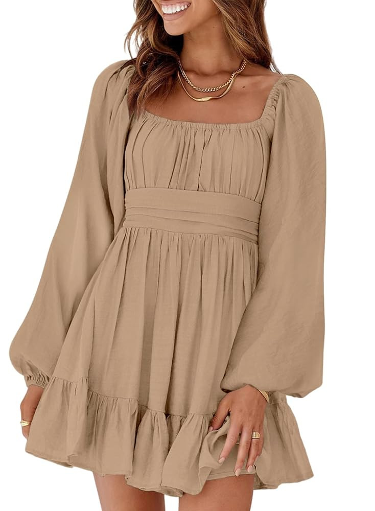 EVALESS Long Lantern Sleeve Dresses for Women 2023 Fashion Tie Back Square Neck Summer Elegant Mi... | Amazon (US)