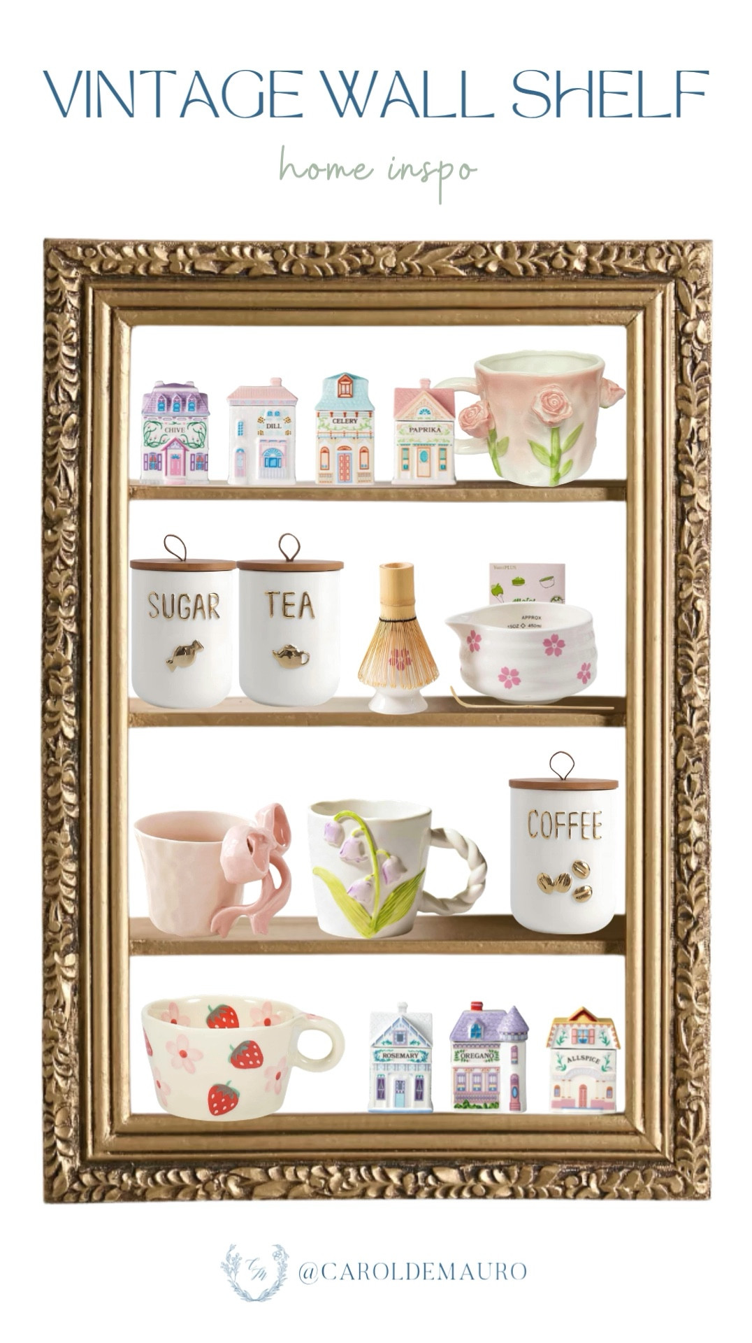 Add a touch of charm to your kitchen, these vintage-style wall shelves are such a vibe. Styling them with whimsical spice jars and floral mugs is a simple way to bring that cozy, lived-in character to your home.

home decor, display case, decor inspo, vintage vibes, condiments, shelf styling, floating shelves, kitchen wall

#LTKU #LTKSeasonal #LTKHome