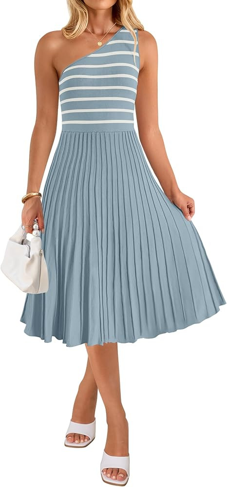 ZESICA Womens Summer Casual One Shoulder Midi Dresses 2024 Spring Sleeveless Striped Knit Pleated... | Amazon (US)
