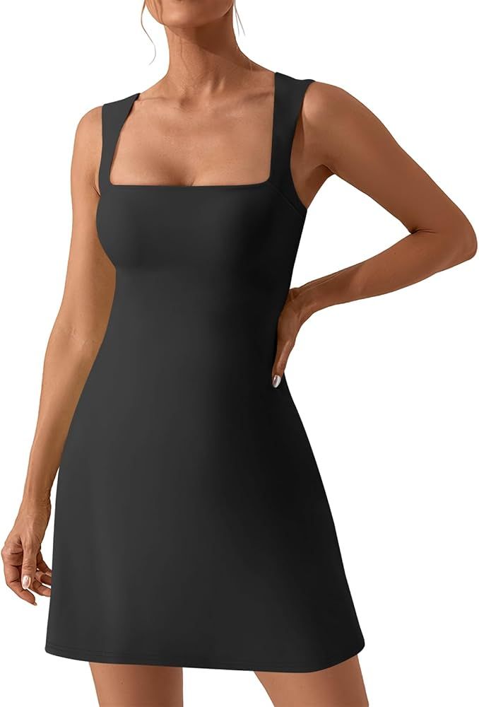 ANRABESS Womens Square Neck Mini Dress Summer Sleeveless Slim Fit Double Lined Short Active Worko... | Amazon (US)