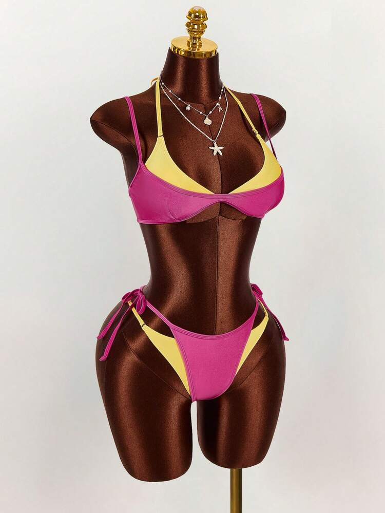Amplova Women's Bikini Set, 2 In 1, Magenta And Yellow Contrast Color, Sexy And Stylish, Suitable... | SHEIN