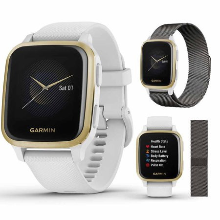 Garmin Venu Sq Fitness GPS Smartwatch (White/Light Gold) Bundle with Extra Metal Band (Milanese Dark | Walmart (US)