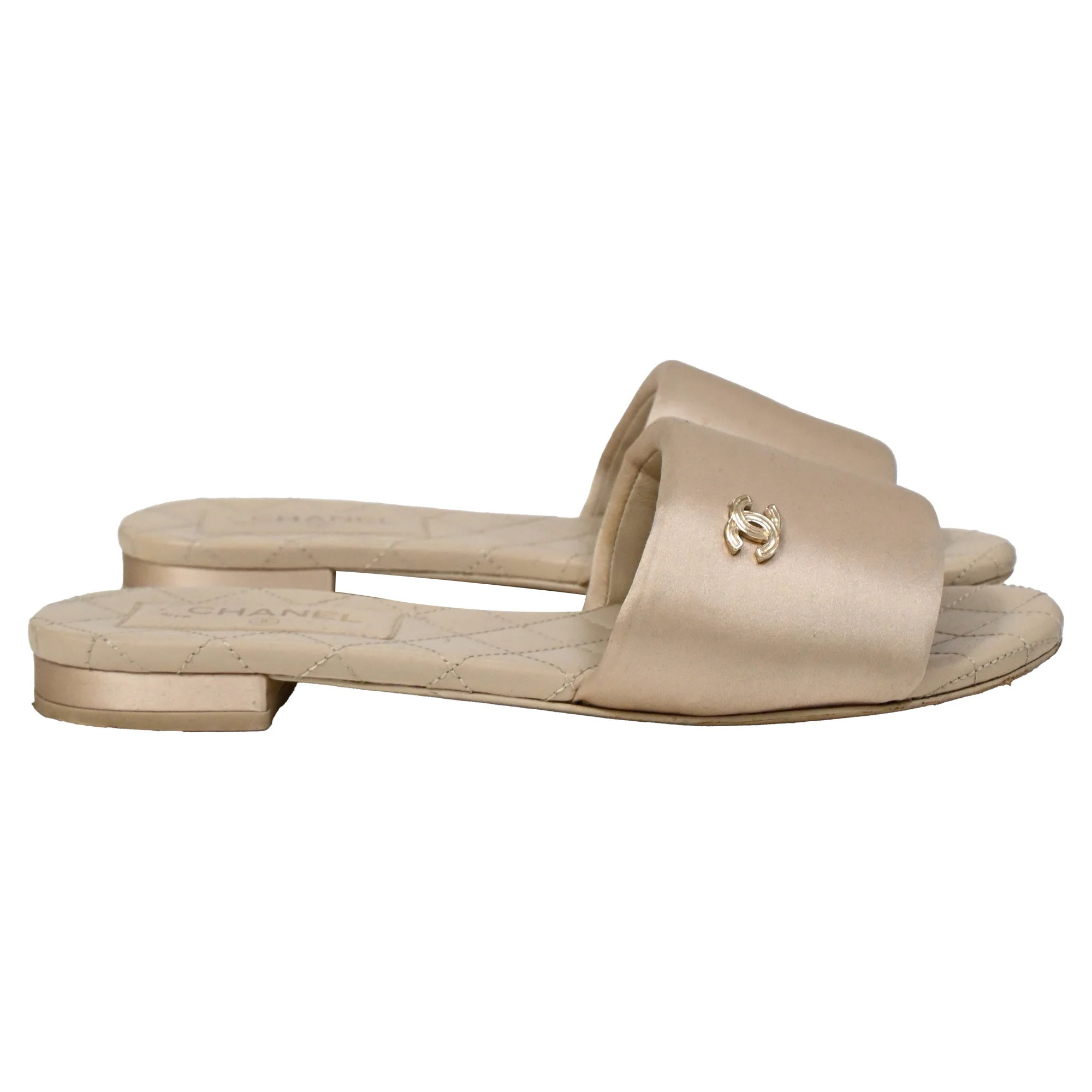 Chanel CC Quilted Slide Flats in Beige Satin | Shop Simon