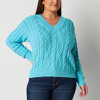 new!St. John's Bay Plus Womens V Neck Long Sleeve Striped Pullover Sweater | JCPenney
