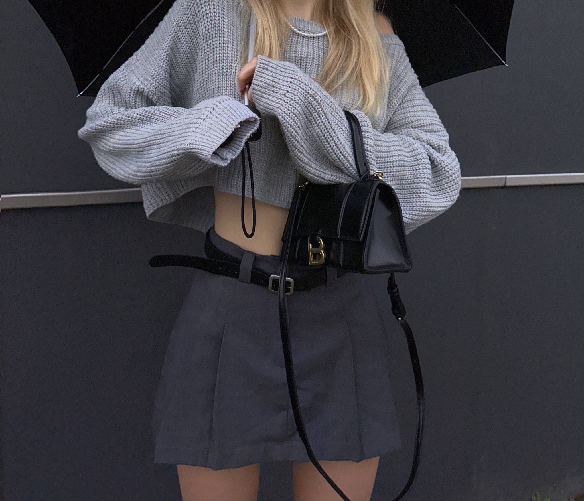 balenciaga black mini shoulder bag, grey mini skirt, grey crop top sweater 

#LTKstyletip #LTKFind #LTKSeasonal