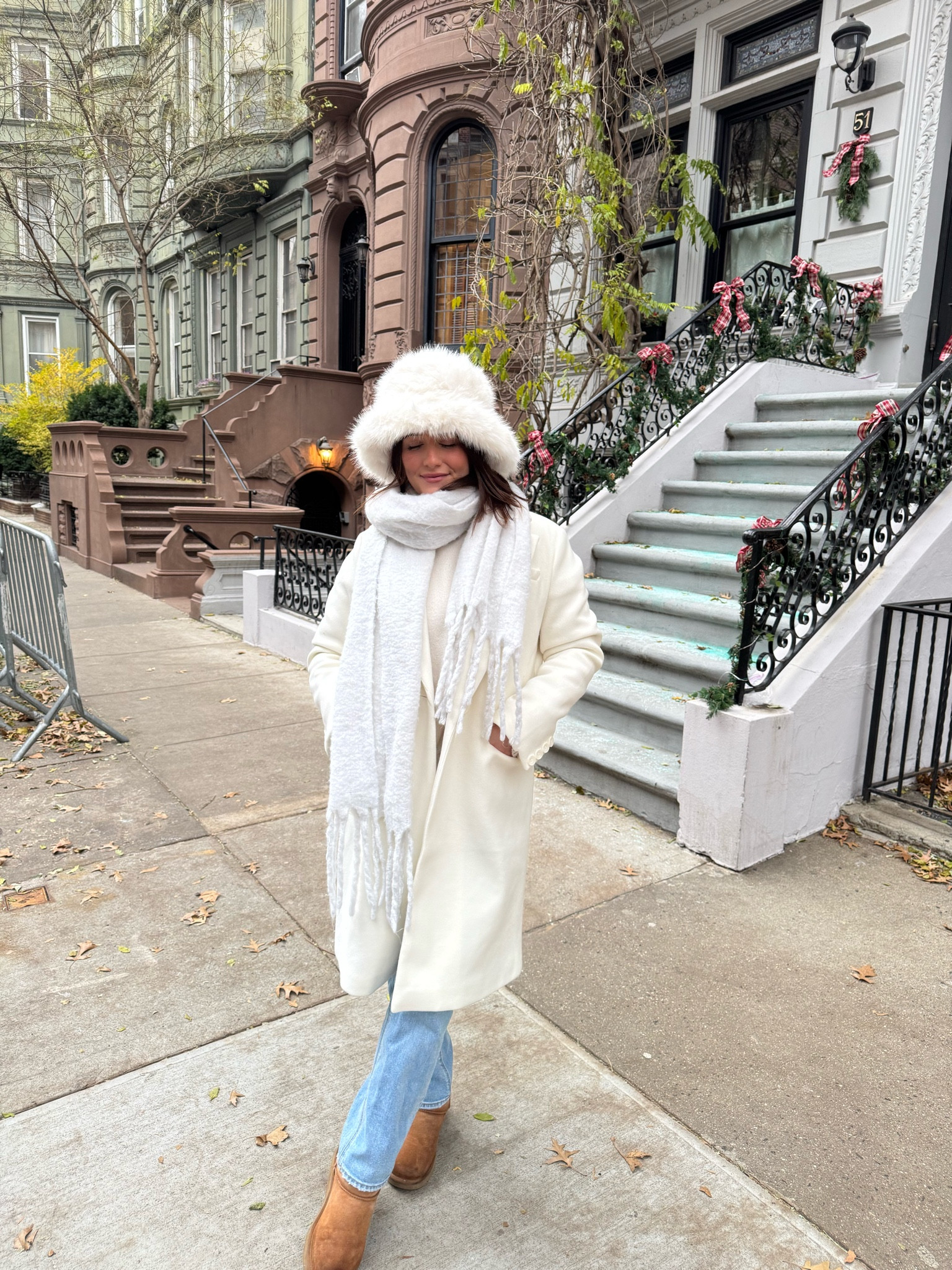 nyc, outfit, winter, ootd, cold, chilly, warm fit, white, fur, hat, pea coat, wool, trench, jeans, denim, Uggs, ootd, scarf, monochromatic, inspo, trendy, aesthetic, New York City, day trip, weekend, casual, chic, fashion, fluffy, bucket hat, brownstone, christmas, holidays, travel, pose, picture, cute, decor, decorations, inspiration 

#LTKSeasonal #LTKStyleTip #LTKHoliday