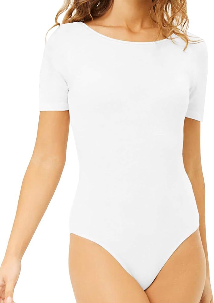 MANGDIUP Women's Round Collar Short Sleeve Basic Bodysuits Jumpsuits | Amazon (US)