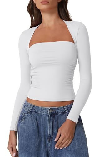 QINSEN Solid White Basic Tops for Women Long Sleeve Square Neck Going Out Tee Shirt Crop Tops M | Amazon (US)