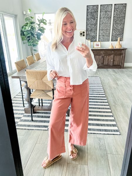 Love these wide leg pants with this cropped white button down shirt. XS top and 26 pants. 38 Birkenstock sandals. Evereve spring outfit ideas 

#LTKSeasonal #LTKstyletip #LTKover40