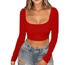 XXTAXN Women's Sexy Bodycon Fitted Square Neck Long Sleeve Basic T-Shirt Crop Top | Amazon (US)