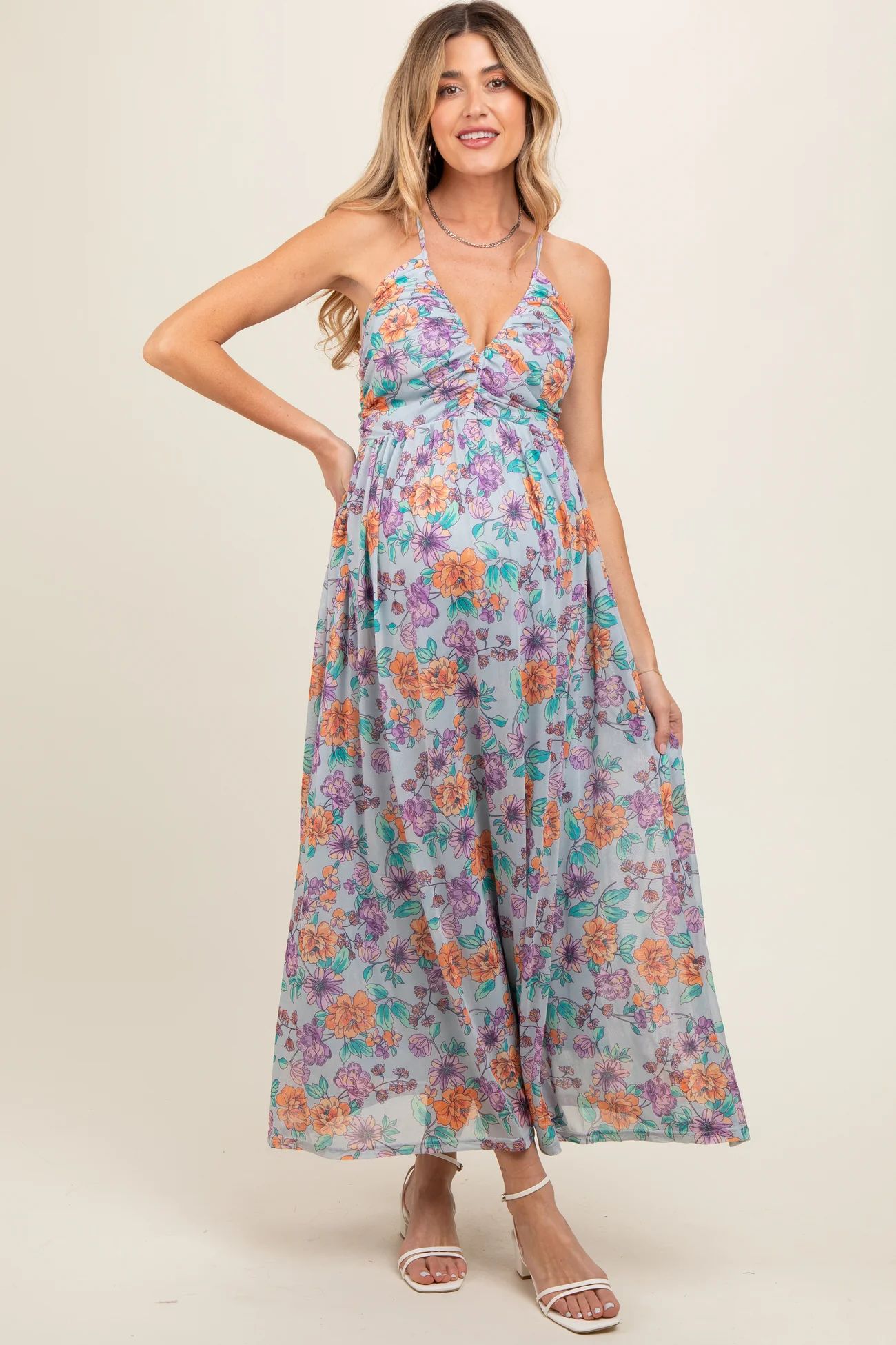 Light Blue Floral Mesh Sleeveless Maternity Maxi Dress | PinkBlush Maternity