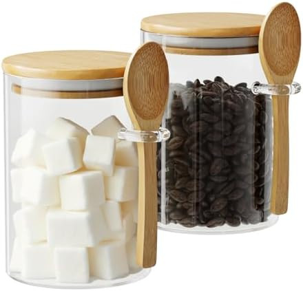 Glass Sugar Container with Spoon - 2 Pack 15oz Glass Jars with Bamboo Lid and Spoon, Bamboo Lid S... | Amazon (US)