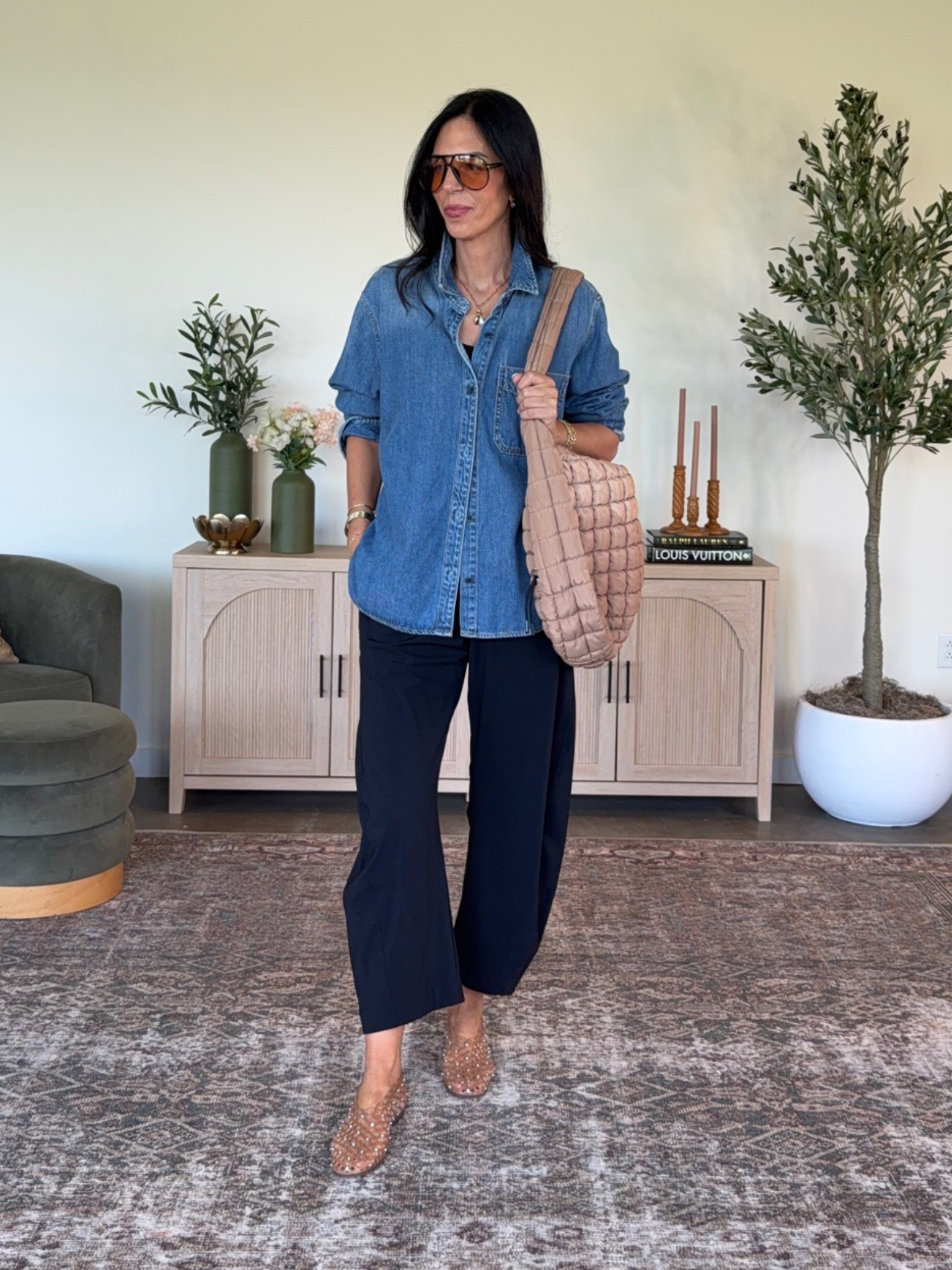 The easiest “mom on the go look” and one of my faves! 
Denim tops- medium 
No wrinkle pants - small