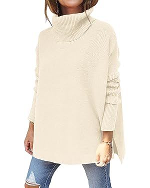 Caracilia Women's Turtleneck Oversized Knit Sweater 2024 Long Batwing Sleeve Spilt Hem Pullover S... | Amazon (US)