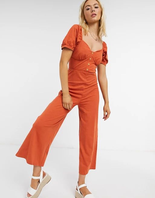 ASOS DESIGN jersey button front cupped tea culotte jumpsuit in burnt orange | ASOS (Global)