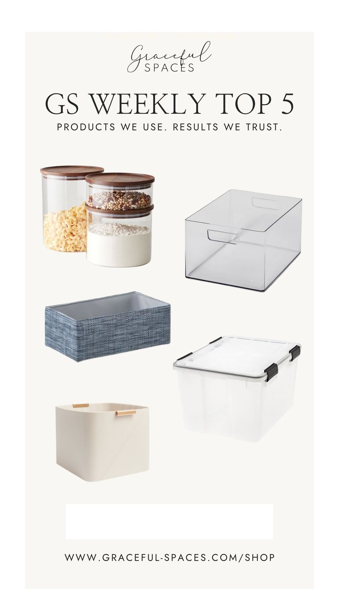 All the bins in this week’s Top 5!  Large Organizer Bin with Handles, Weatherpro Tote, and Faux Leather Crate from Target. The Container Store’s Kiva Storage Bin. Hold Everything Canisters from Williams Sonoma.

#LTKHome