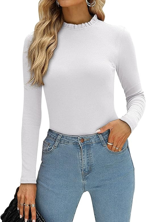 PINKMSTYLE Womens Long Sleeve Ruffle Mock Neck Bodysuit Jumpsuit Ribbed Slim Fit Tops Business Ca... | Amazon (US)