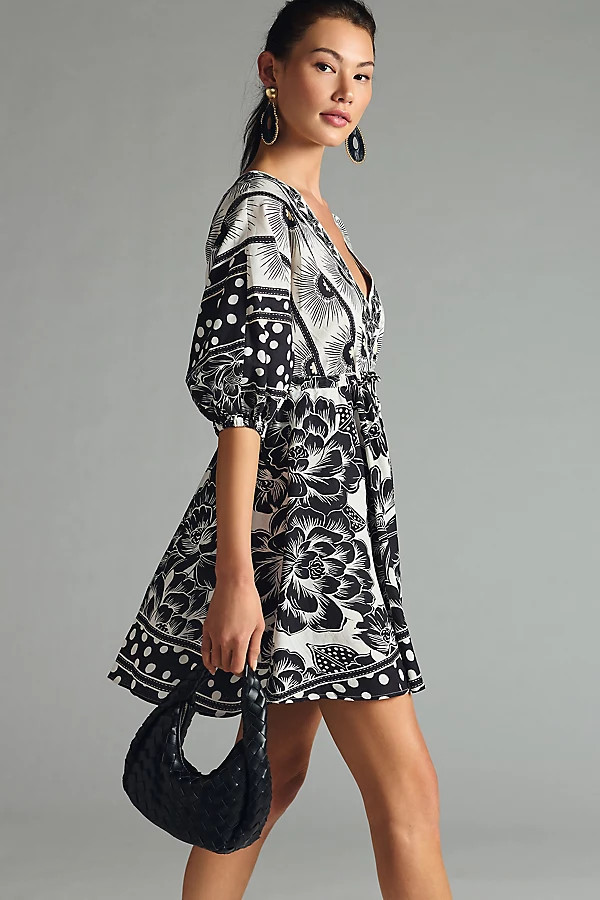 Farm Rio Puff-Sleeve Mini Dress By Farm Rio in Black Size L | Anthropologie (US)