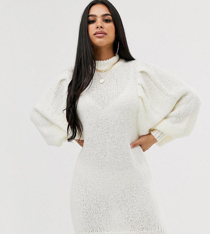 ASOS DESIGN Petite mini sweater dress in lofty yarn with volume sleeve-Cream | ASOS (Global)