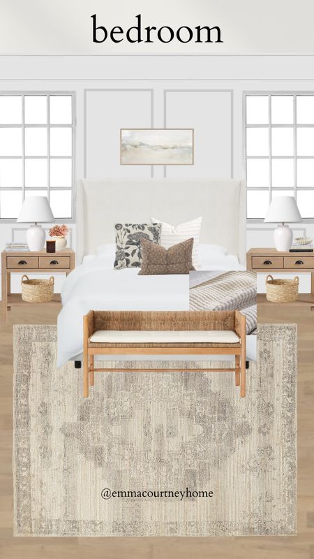 Bedroom mood board with upholstered cream linen bed, throw pillows including the best selling H&M pillow, target bench, one of my favourite west elm rugs is on clearance! Such a good price  

#LTKSeasonal #LTKhome #LTKsalealert