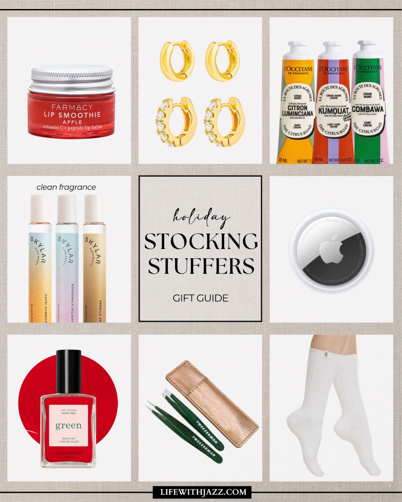 holiday gift guide: stocking stuffers 

Lip mask/ earrings / lotions / rollerball perfume / AirTag / regular nail polish / tweezers / socks / clean beauty / gifts for her 