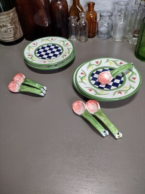 Spring Saucer Plates Floral Checkered Small Dessert Plates Mercuries Set Of 2 | eBay US