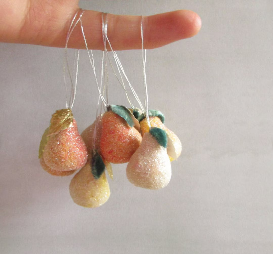 Vintage Old World Sugared Mini Pear Christmas Ornaments With Silk Velvet and Dresden Trim Leaves ... | Etsy (US)