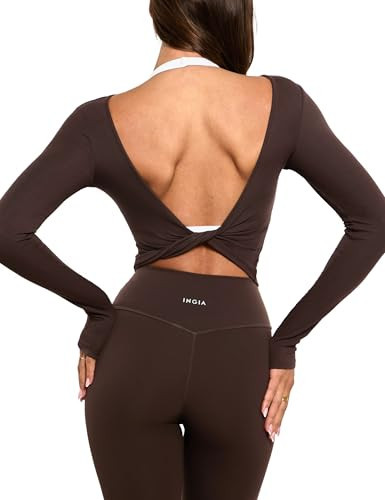 INGIA Womens Long Sleeve Knot Top Twist Front Cropped Activewear Ribbed Shirt Ballet Pilates Yoga Versatile Gym Top Hot Fudge Brown XX-Small | Amazon (US)