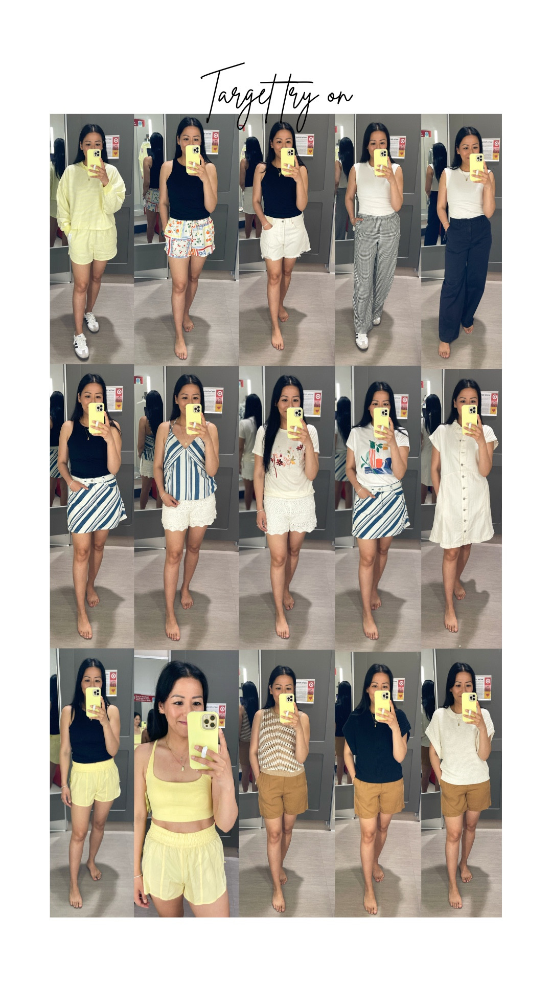 Outfit #1
Size small in sweatshirt and medium in shorts
Outfit #2
Size medium in black tank (Amazon)
Size small shorts
Outfit #3
Size small tank and size 6 shorts (need size 4; run baggy)
Outfit #4
Size XS tank and size 2 pants
Outfit #5
Size medium black tank
Size 6 skirt (sized up for more length)
Outfit #6
Size XS halter top
Size small knit shorts
Outfit #7
Size XS graphic tee
Size small crochet shorts
Outfit #8
Size XS graphic tee
Size 6 skirt (need size 3)
Outfit #9
Size XS dress
Outfit #10
Size medium tank 
Size small shorts
Outfit #11
Size medium bra 
Size small shorts

Sneak peeks (not online yet)
Outfit #12
Size XS striped tank
Size 4 shorts
Outfit #13
Size XS black knit top
Size 4 shorts
Outfit #14
Size small top
Size 4 shorts

Target style
Target fashion
Target spring fashion


