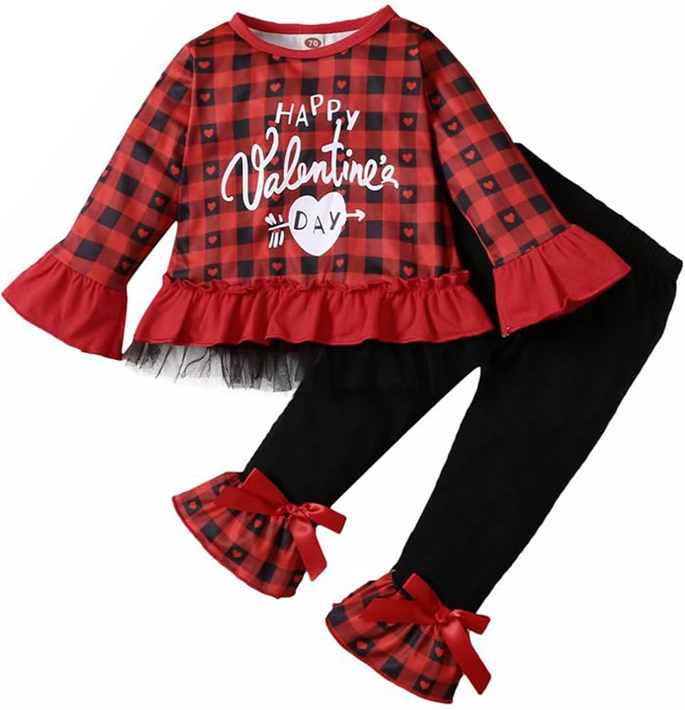 Toddler Baby Girl Valentine's Day Outfit Kids Love Heart Pants Set Ruffle Long Sleeve Plaid Dress... | Amazon (US)
