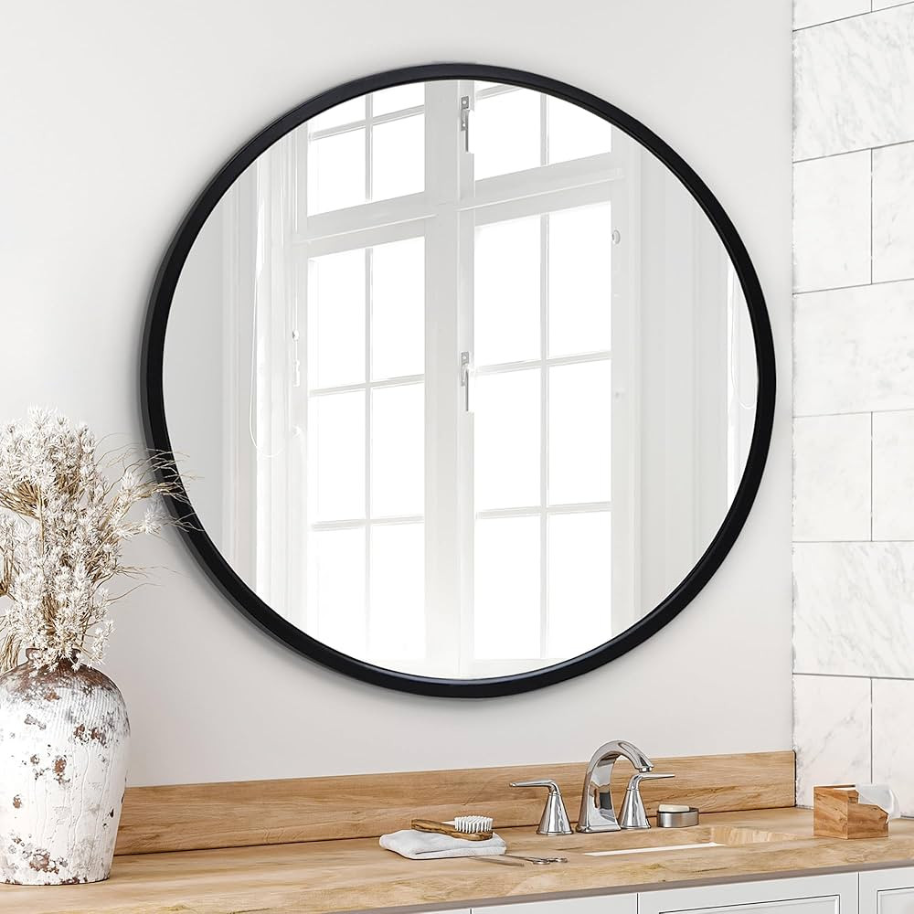 Americanflat 32" Round Mirror - Hanging Mirror with Durable Frame - Modern Mirror for Bathroom, B... | Amazon (US)