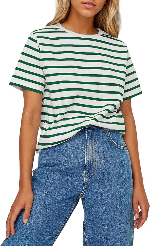 MSBESYOR Women Striped Short Sleeve Tee Shirt Crewneck Color Block Casual Loose Fit Summer Vintag... | Amazon (US)