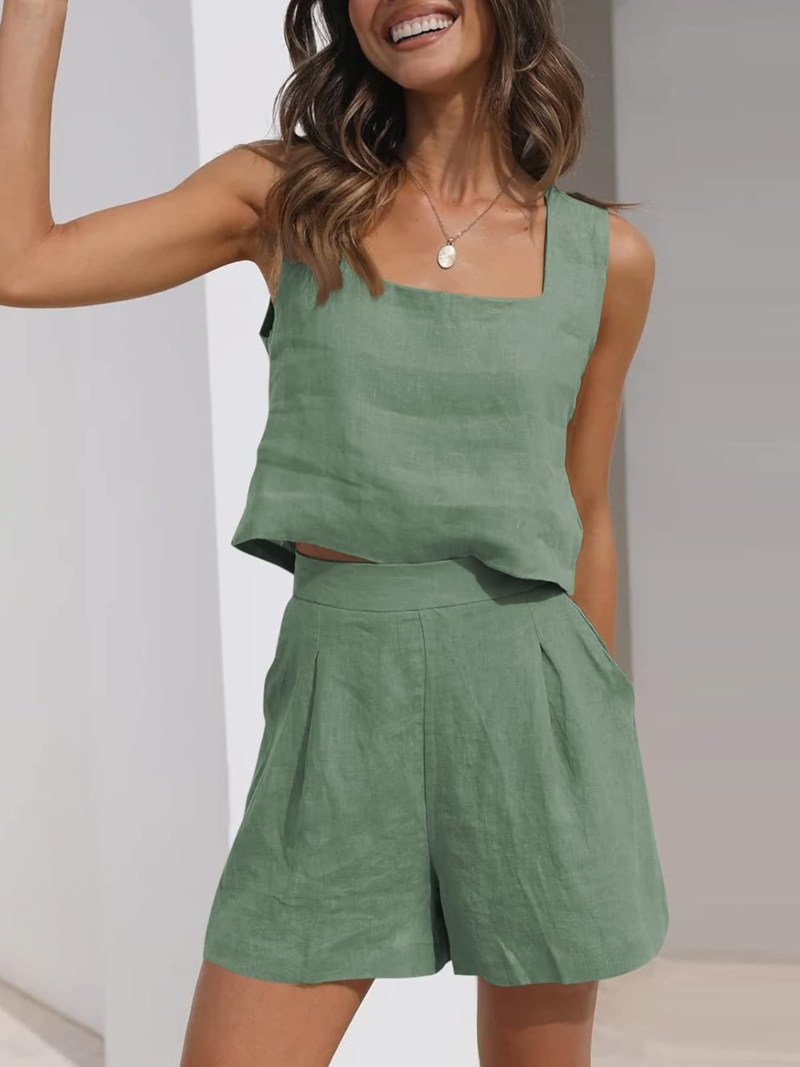 AUTOMET Womens 2 Piece Outfits Lounge Matching Sets Two Piece Linen Shorts Crop Tops 2023 Trendy ... | Amazon (US)