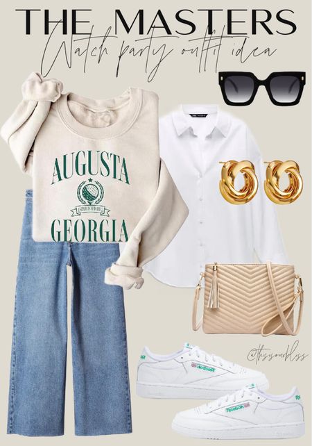 Masters party outfit idea! ⛳️🥂Wide, leg jeans, crisp, white button-down blouse, Augusta national sweatshirt (either around your shoulders, or over the blouse) sneakers, and hoops! 

#LTKstyletip #LTKfindsunder50 #LTKsalealert