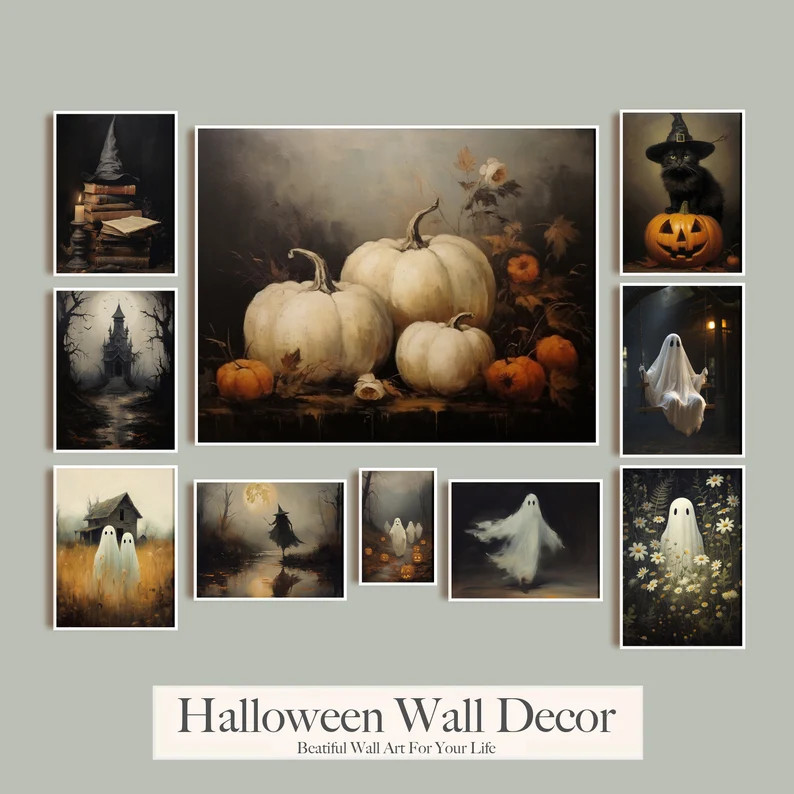 Ghosts Art Print, Halloween Art Print, Halloween Decor, Cute Ghosts in Field, Spooky Vintage Hall... | Etsy (US)