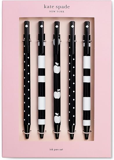 Kate Spade New York Black Ink Pen Set of 5, Cute Plastic Click Pens, Dots and Stripes | Amazon (US)